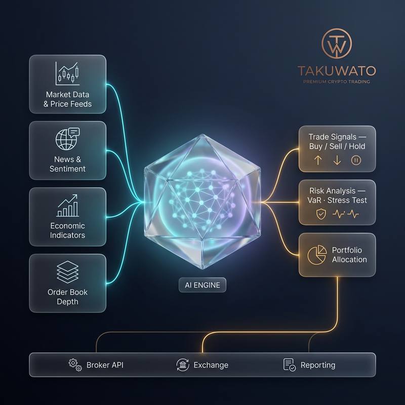 Takuwatoのエンジン構成図。市場データ、ニュース、経済指標、板情報がAIエンジンに集まり、売買シグナル、リスク分析、ポートフォリオ配分へと出力される